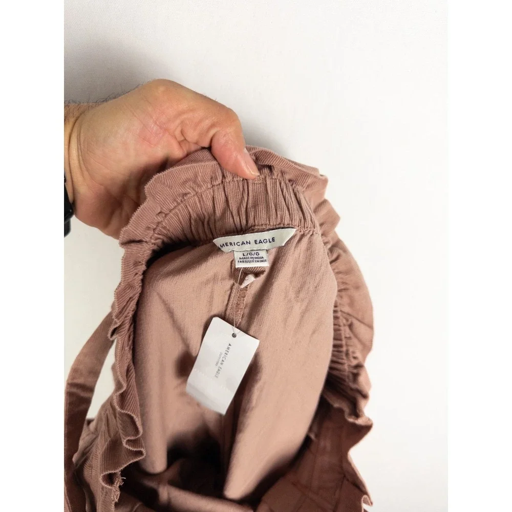 American Eagle Pants Womens L Pink Wide Leg Strap Relaxed Ruffle Stretch Cotton‎